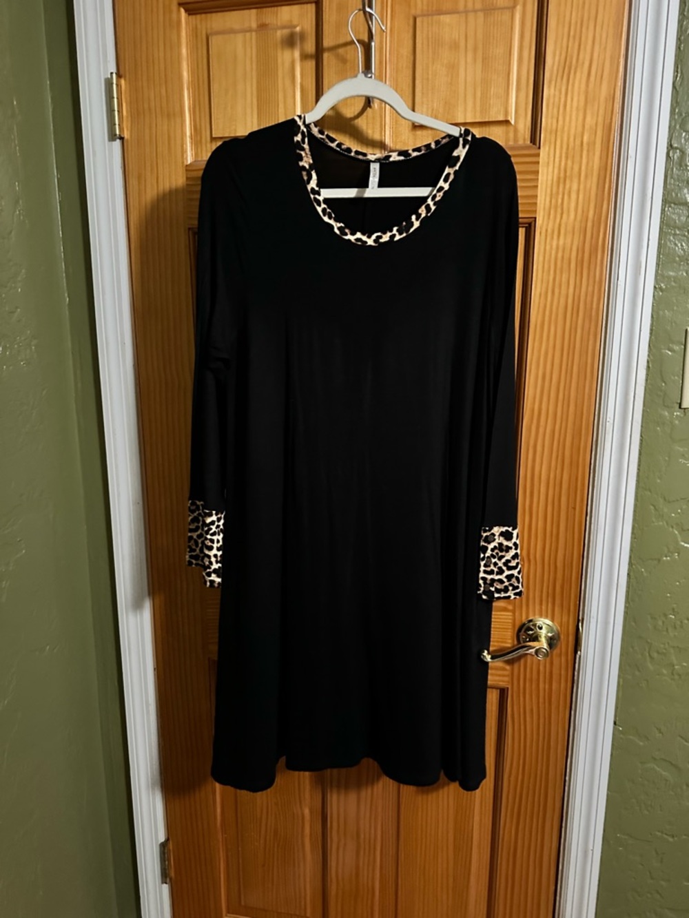 Black Long Sleeve Dress with Leopard Trim Accents